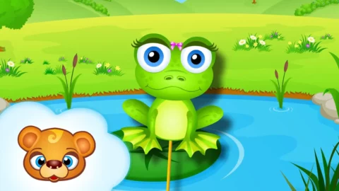 Mała zielona żabka skacząca po liściu lilii wodnej na stawie – ilustracja do piosenki Była sobie żabka mała.