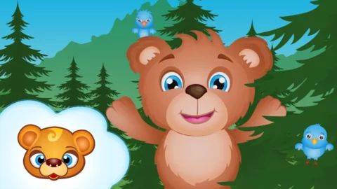 Trzy uśmiechnięte pluszowe misie maszerujące przez słoneczny las z plecakami – ilustracja do piosenki Jadą jadą misie.