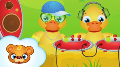 Wesołe żółte kaczuszki tańczące w kole na tle błękitnego jeziora – ilustracja do piosenki Kaczuszki.