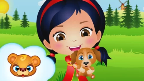 Radosny bury kundelek z dużymi oczami na tle nowoczesnej, kolorowej grafiki – miniatura do nowej wersji piosenki Kundel Bury.