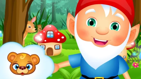 Trzy wesołe krasnoludki w czerwonych czapkach tańczące pod dużym muchomorem – ilustracja do piosenki My jesteśmy krasnoludki.