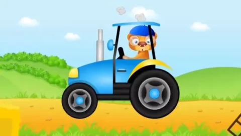 Czerwony, niebieski i zielony traktor na łące – miniatura do bajki edukacyjnej nauka kolorów dla dzieci.