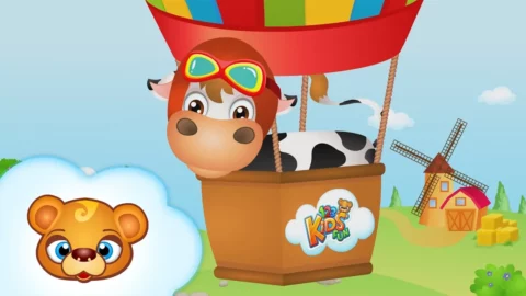 Uśmiechnięty farmer Donald w otoczeniu krowy, świnki i kury na tle czerwonej stodoły – grafika do piosenki Stary Donald farmę miał.