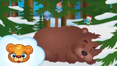 Wielki brązowy niedźwiedź śpiący pod drzewem w lesie, otoczony przez bawiące się dzieci – grafika do piosenki Stary niedźwiedź mocno śpi.