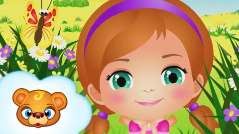 Mała dziewczynka Dorotka śpiąca w łóżeczku z małym kotkiem obok – ilustracja do kołysanki Ta Dorotka.